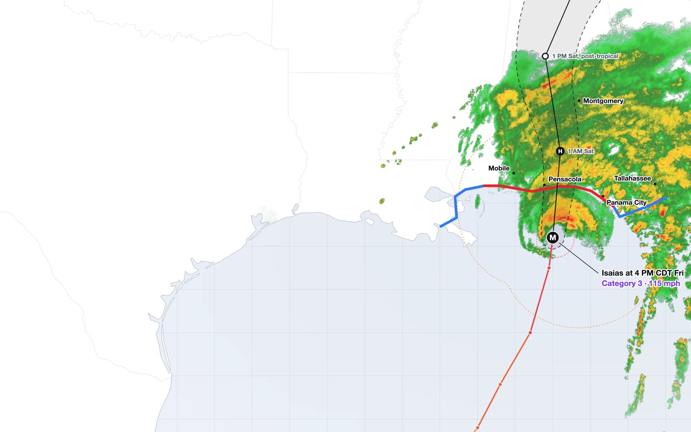 Radar and National Hurricane Center Advisory 13 map of Hurricane Isaias at 4 PM CDT on October 9, 2026: a Category 3 storm south of Pensacola with its eyewall on radar, its forecast cone north across Alabama, the hurricane warning from Ocean Springs, Mississippi to the Bay and Gulf county line in Florida, and its wind field